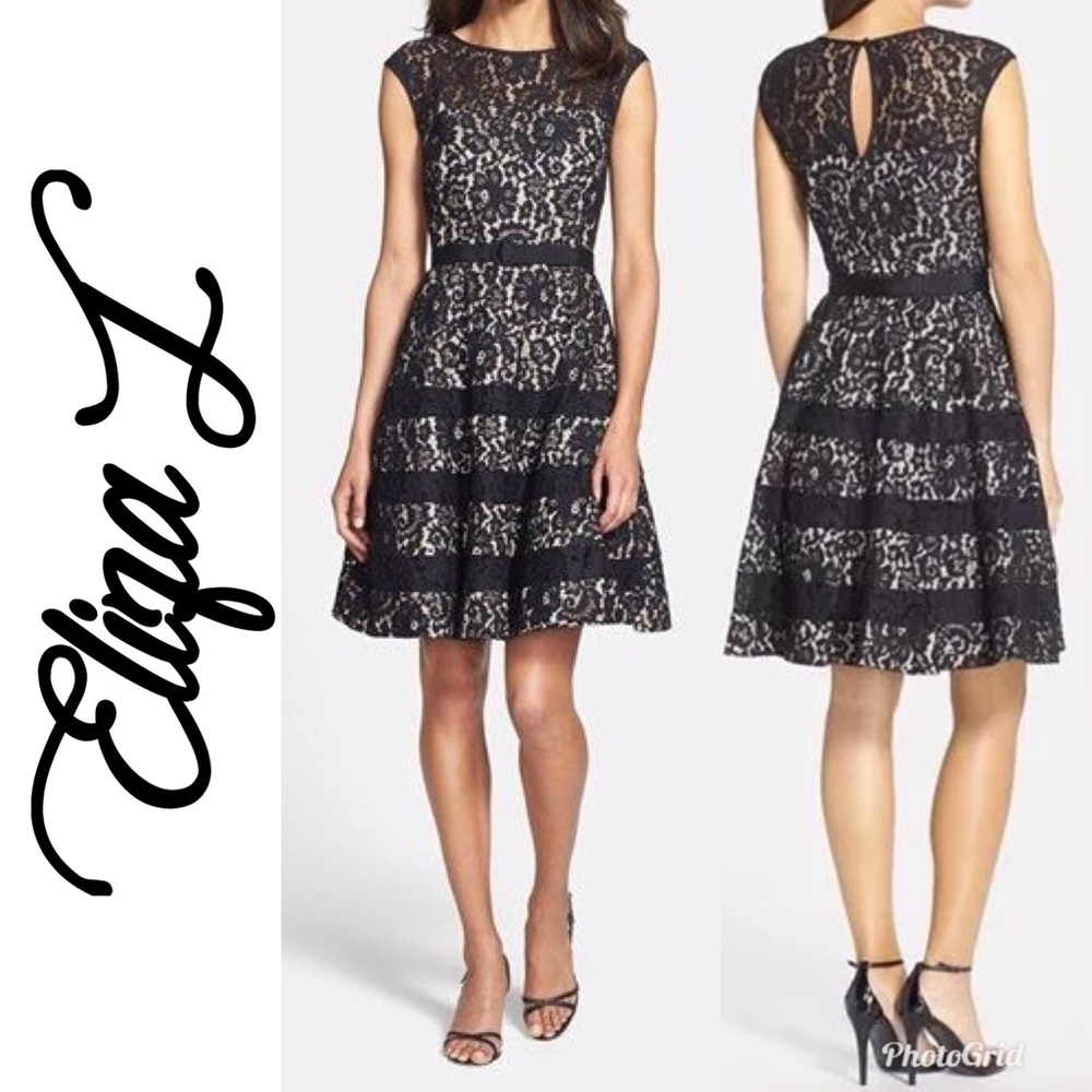 Eliza J Black Belted Cap Sleeve Lace & Fla…